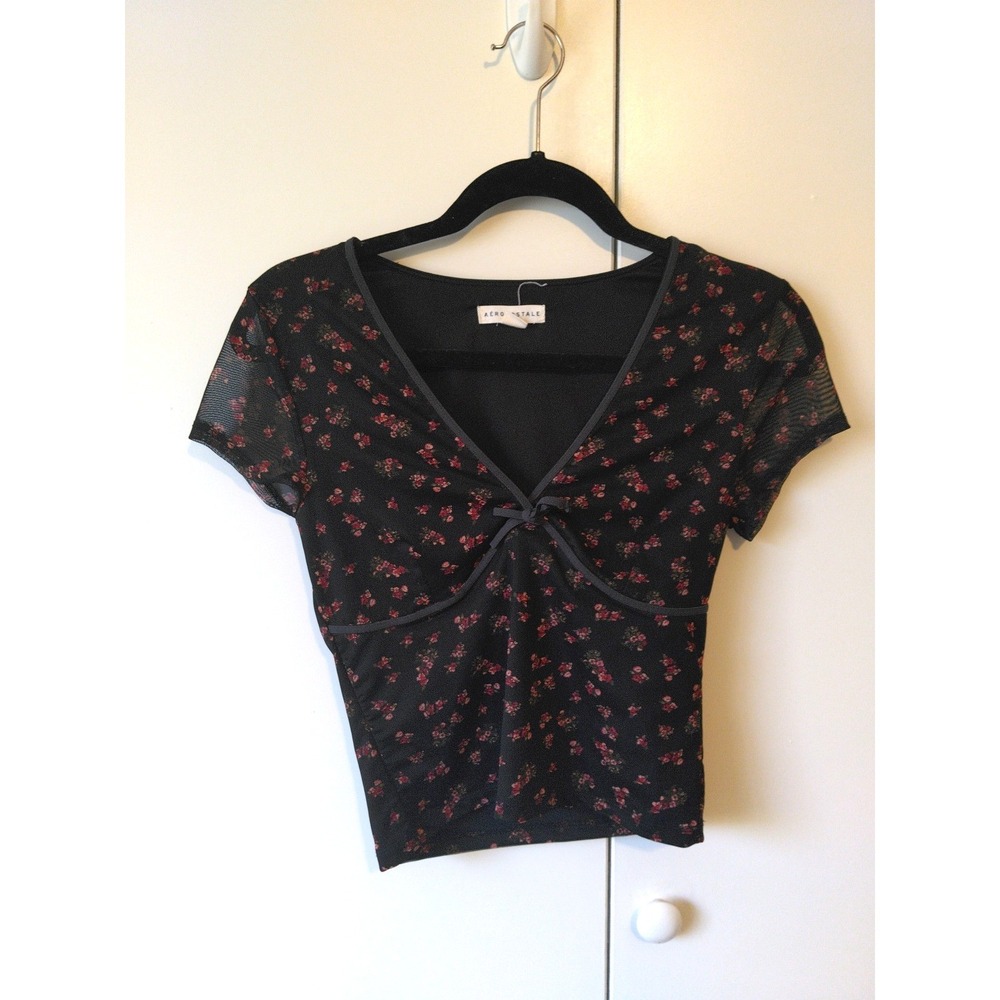 Aeropostale Womens Mesh Overlay Floral Babydoll Top Size M Coquette Cropped